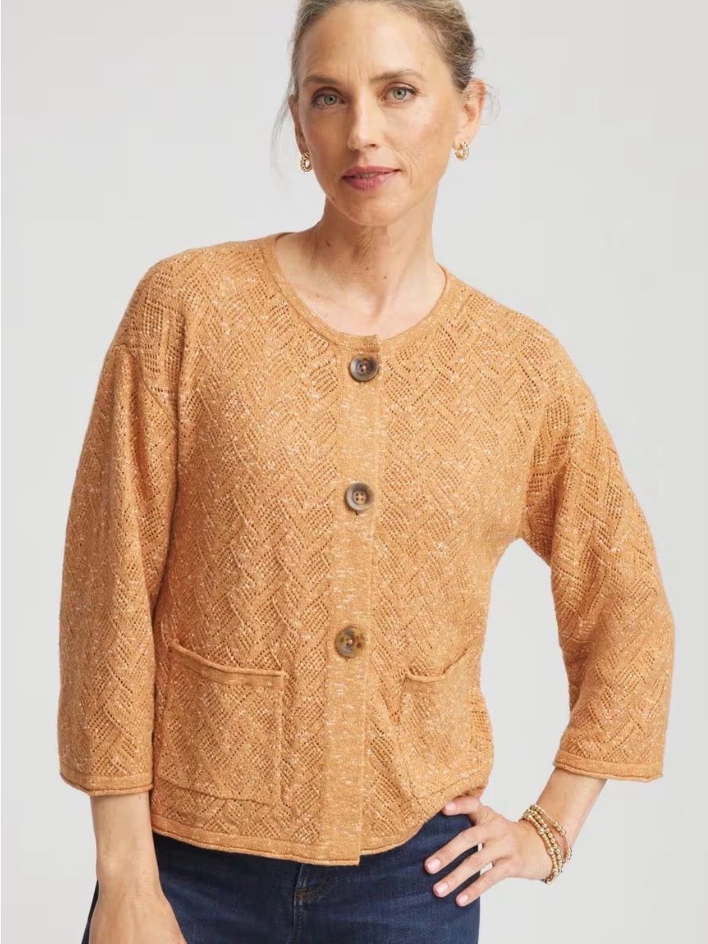Chico’s Size 2 Large Tweed Cropped Sweater Cardigan Jacket Button Classic New